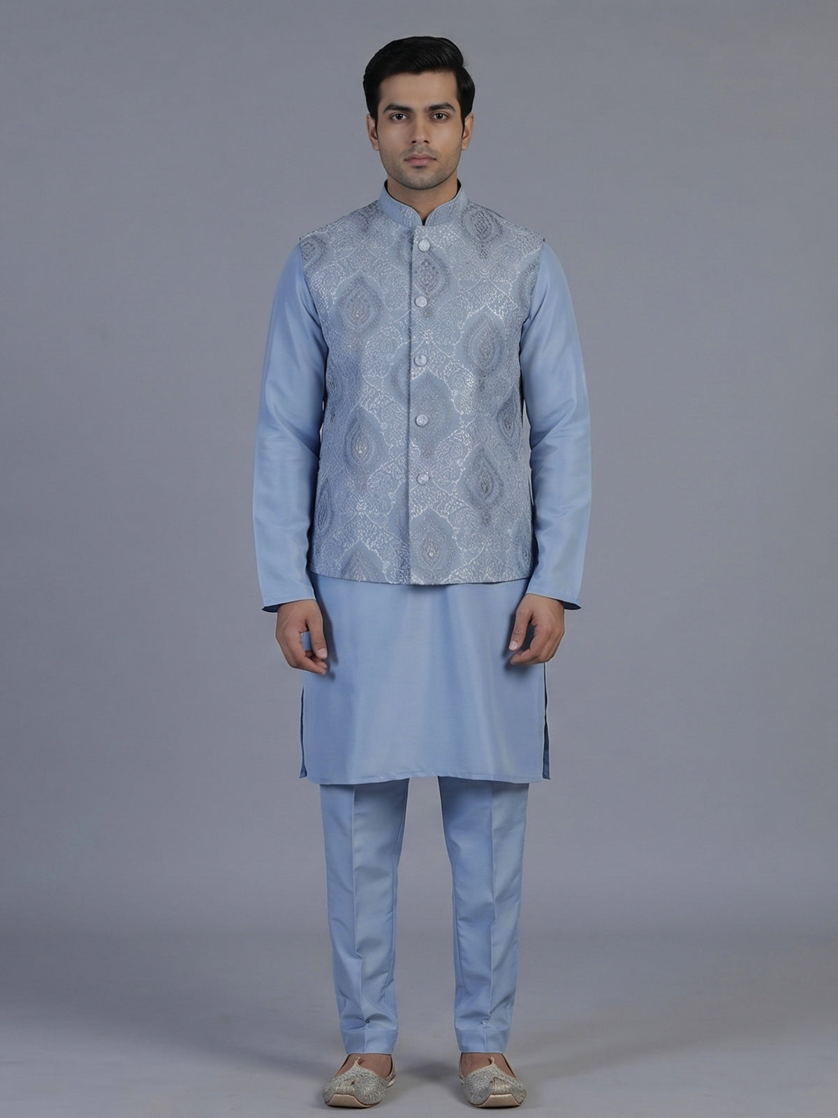 Stone blue embroidered nehru jacket style waistcoat set