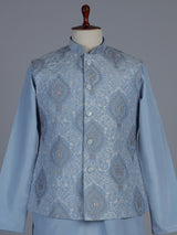 Stone blue embroidered nehru jacket style waistcoat set