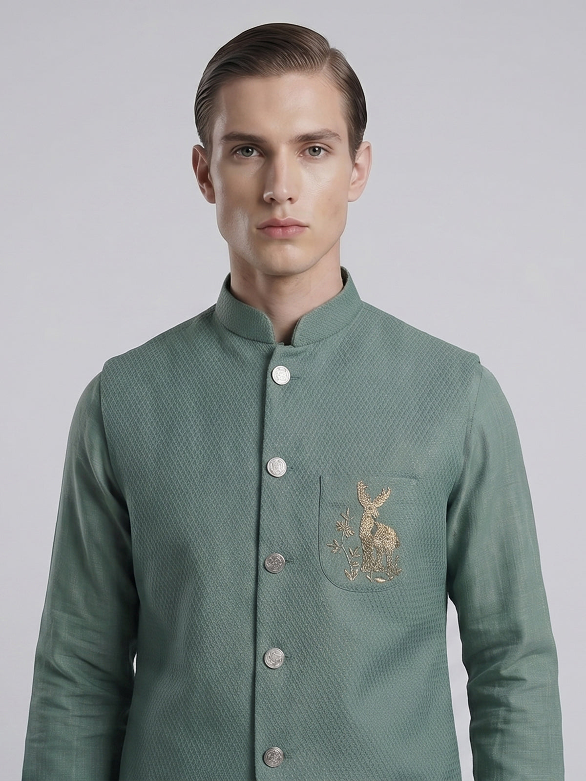 Sage green designer waistcoat set with deer motif