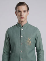 Sage green designer waistcoat set with deer motif