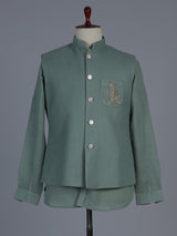 Sage green designer waistcoat set with deer motif