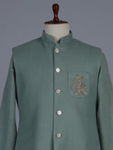 Sage green designer waistcoat set with deer motif