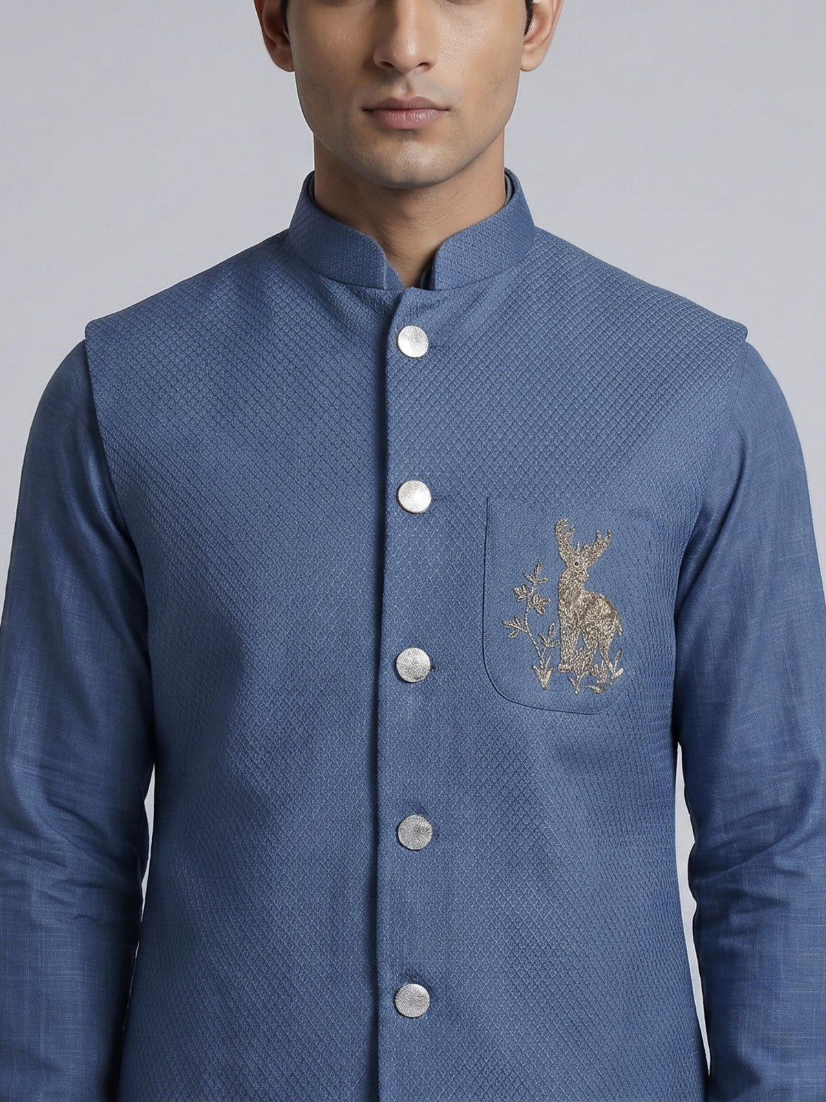 Blue linen embroidered festive waistcoat set for men