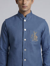 Blue linen embroidered festive waistcoat set for men