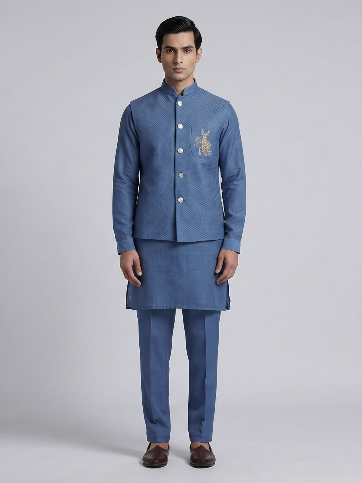 Blue linen embroidered festive waistcoat set for men
