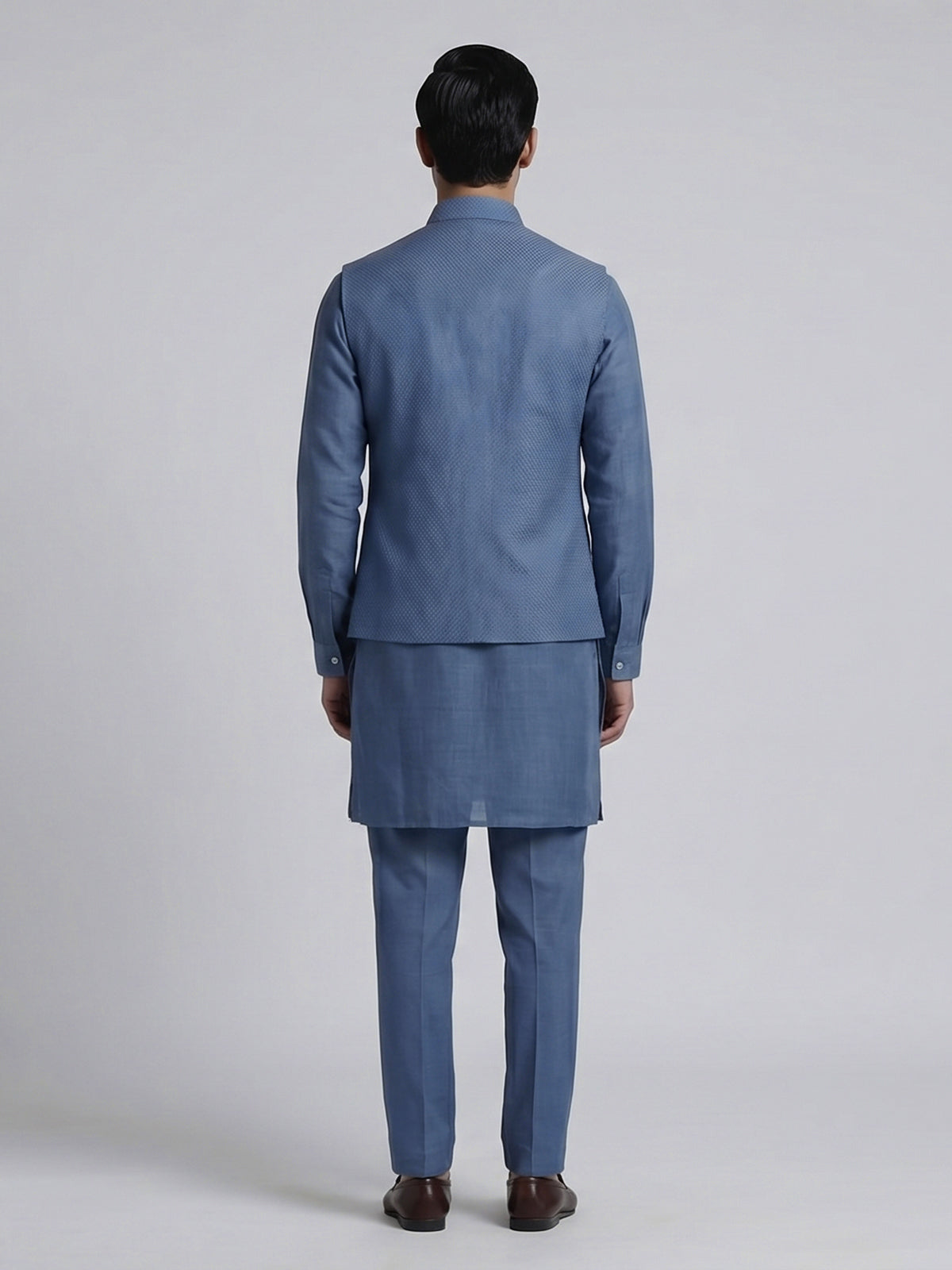 Blue linen embroidered festive waistcoat set for men
