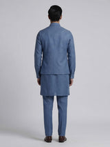 Blue linen embroidered festive waistcoat set for men
