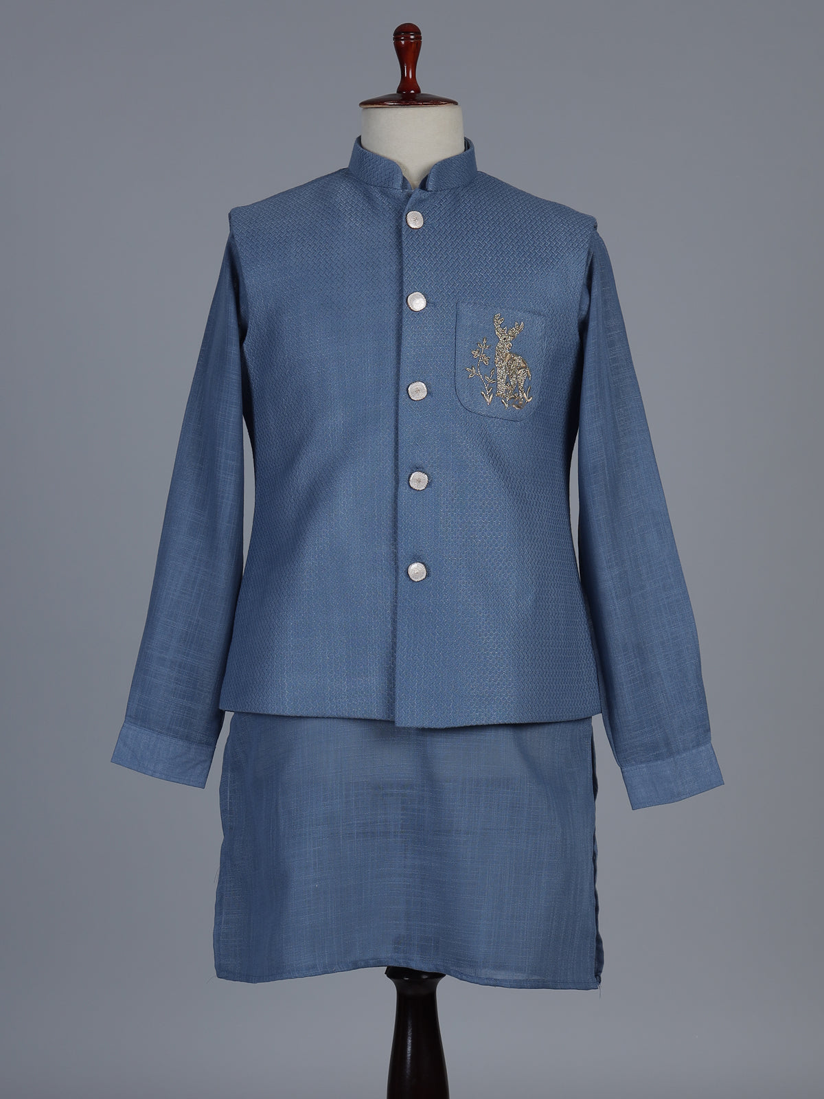 Blue linen embroidered festive waistcoat set for men