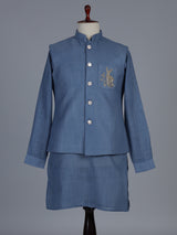 Blue linen embroidered festive waistcoat set for men