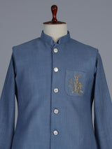 Blue linen embroidered festive waistcoat set for men