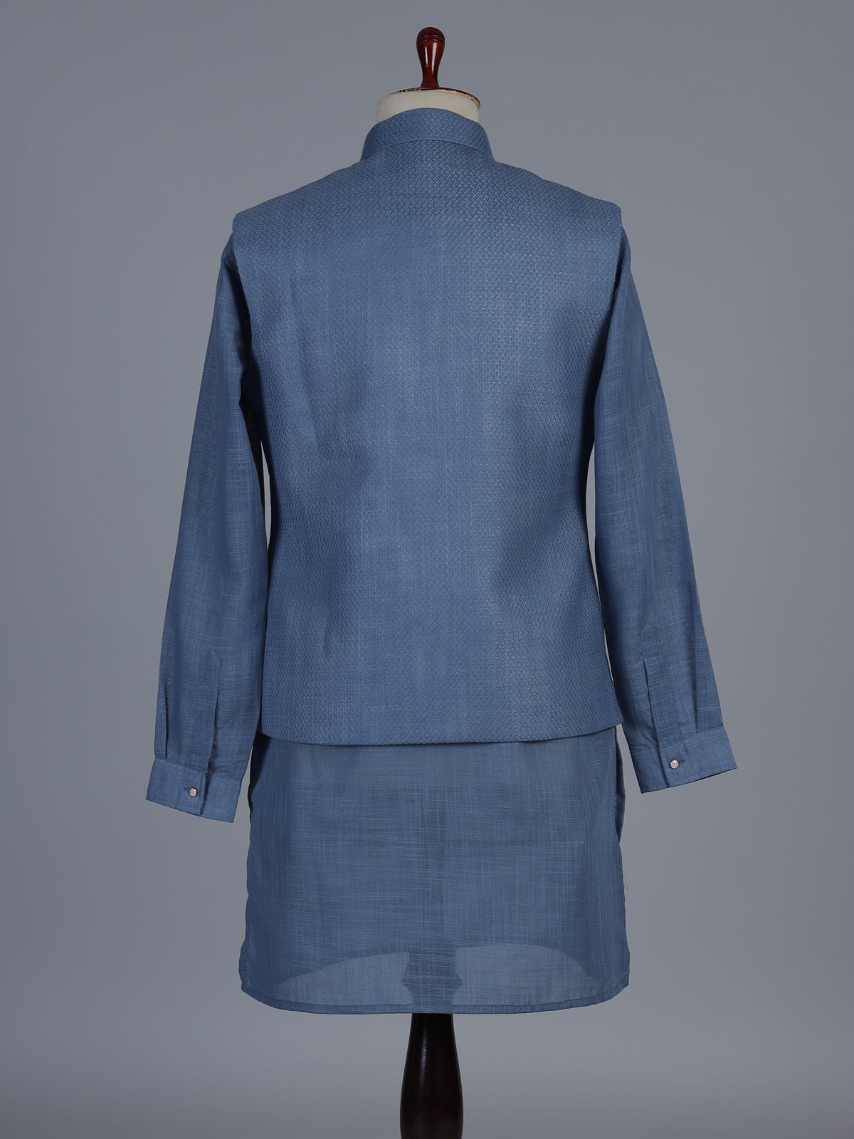 Blue linen embroidered festive waistcoat set for men
