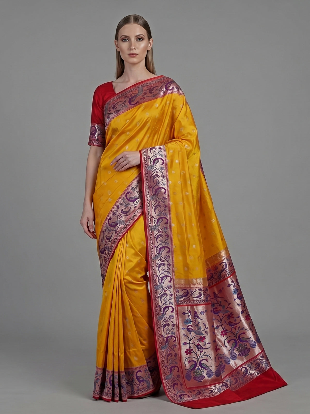 Mustard yellow banarasi silk saree with peacock zari border