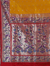 Mustard yellow banarasi silk saree with peacock zari border