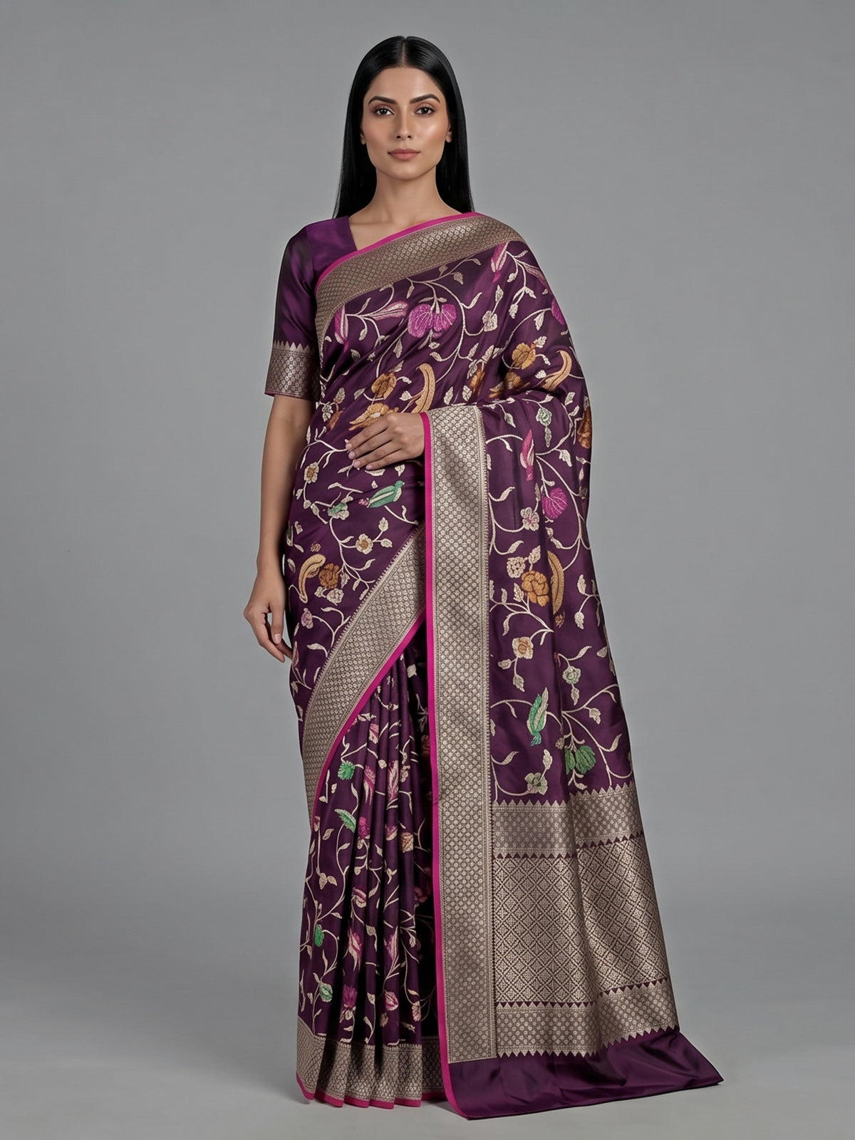 Dark purple banarasi silk saree with meenakari floral jaal
