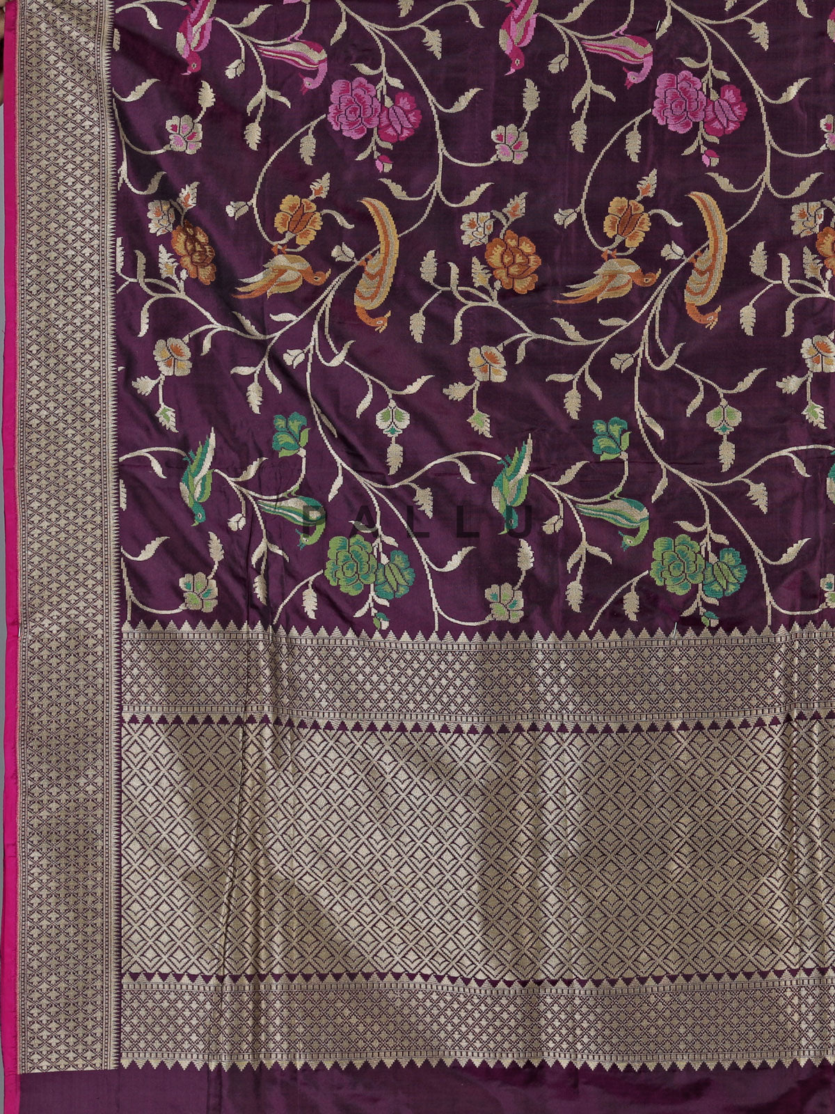 Dark purple banarasi silk saree with meenakari floral jaal