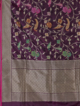 Dark purple banarasi silk saree with meenakari floral jaal
