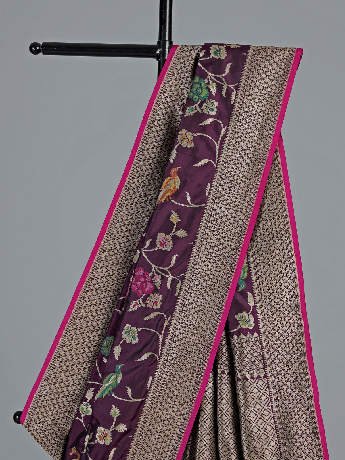 Dark purple banarasi silk saree with meenakari floral jaal