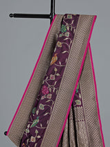 Dark purple banarasi silk saree with meenakari floral jaal