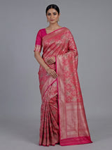 Rani pink banarasi silk saree with heavy zari border