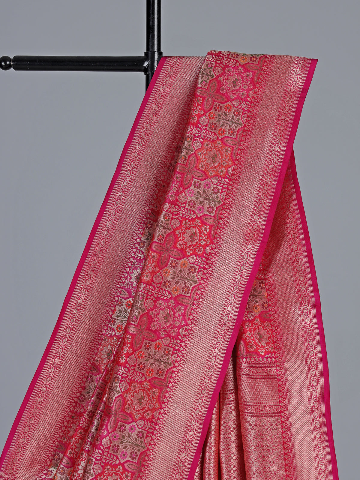 Rani pink banarasi silk saree with heavy zari border