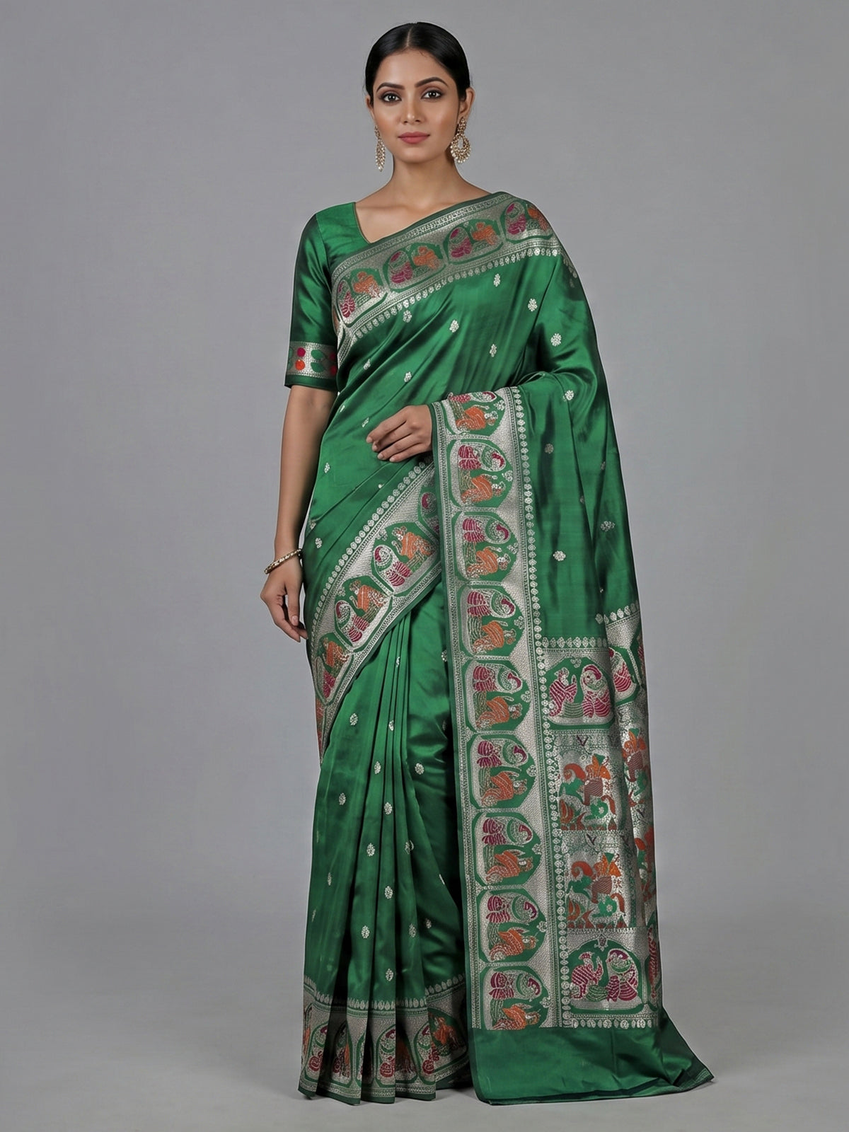 Emerald green banarasi silk saree with meenakari border