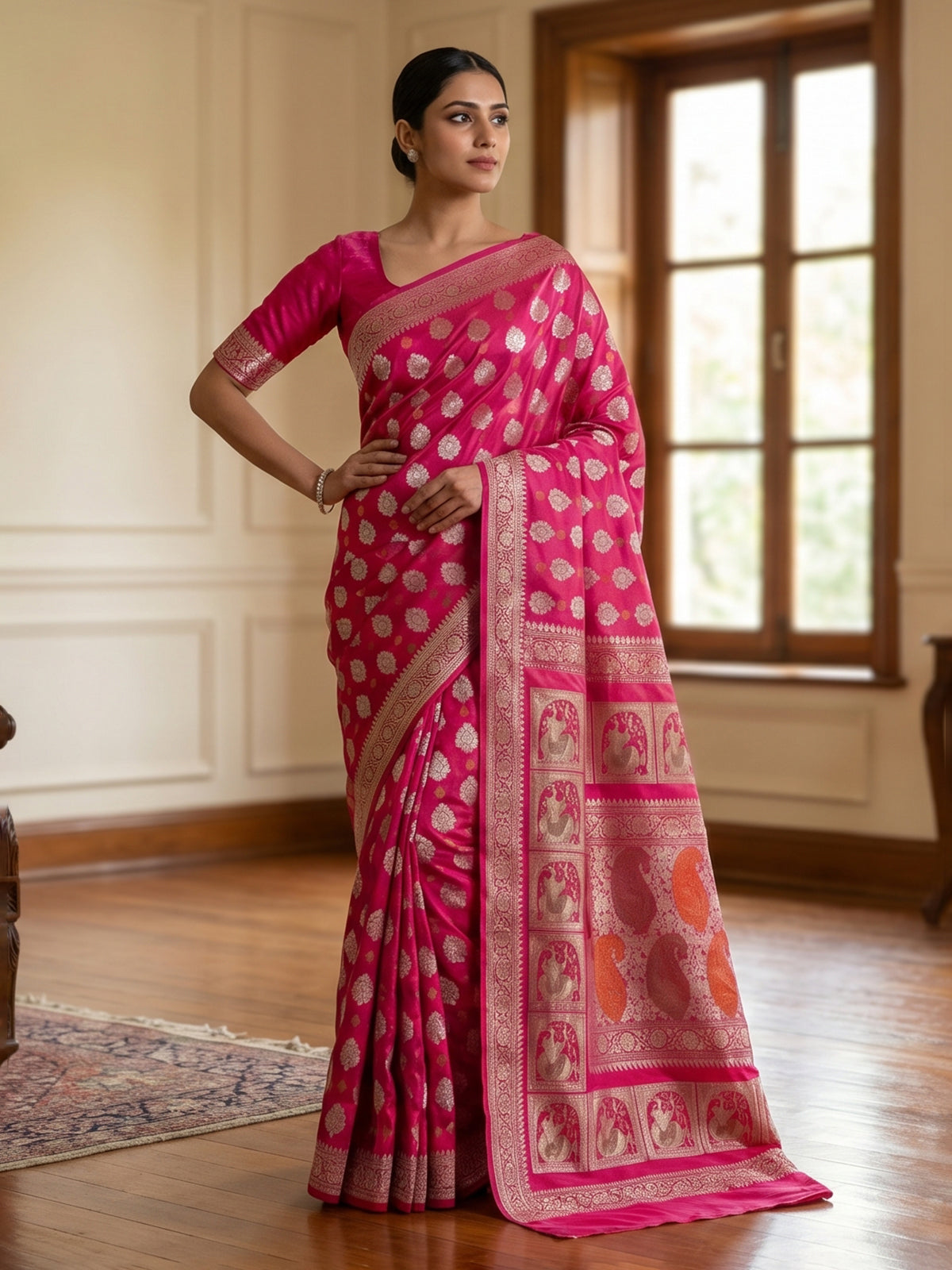 Magenta banarasi silk saree with zari buta motifs