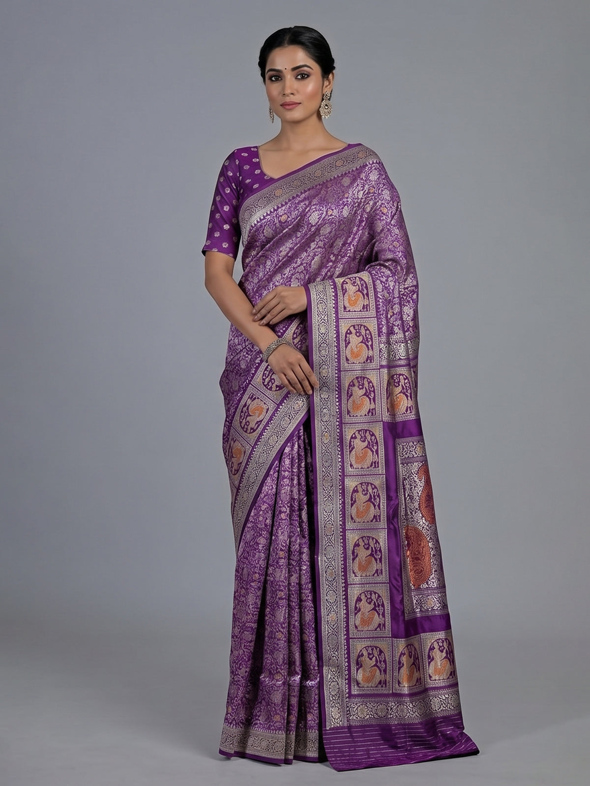 Dark purple banarasi silk saree with intricate zari motifs