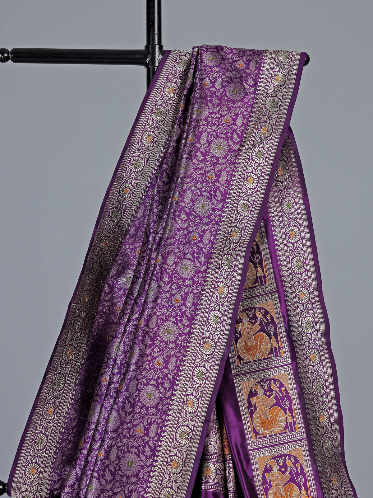 Dark purple banarasi silk saree with intricate zari motifs