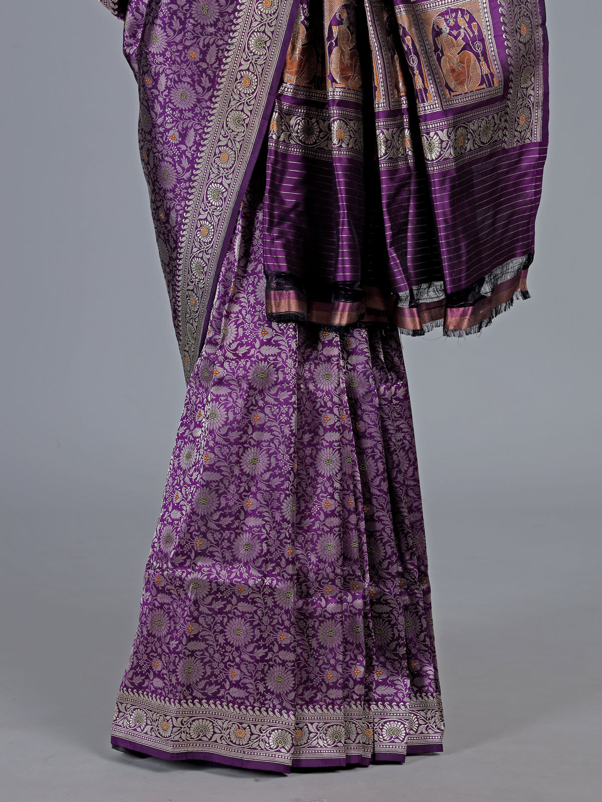 Dark purple banarasi silk saree with intricate zari motifs