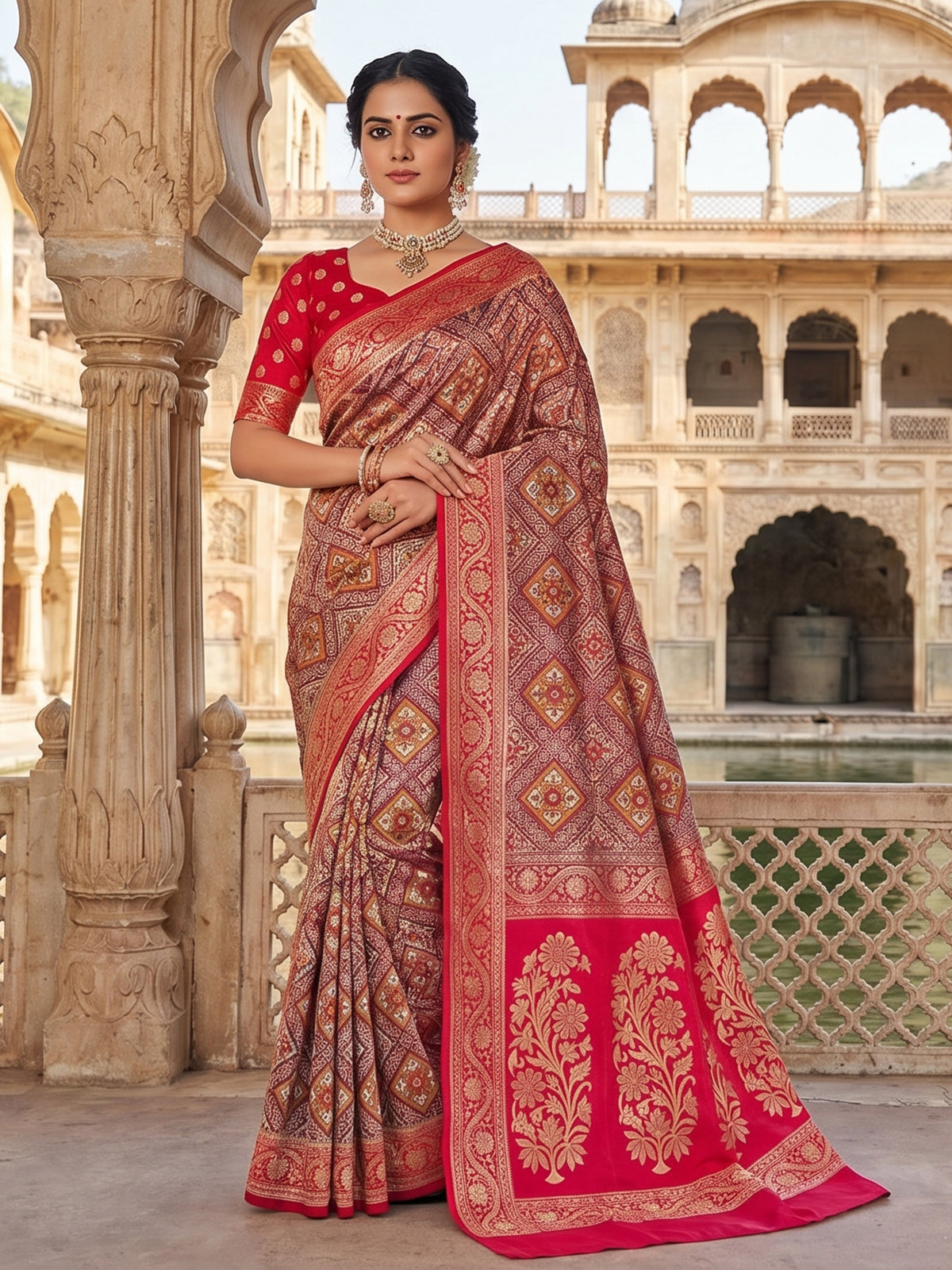 Red banarasi silk saree with geometric zari patterns