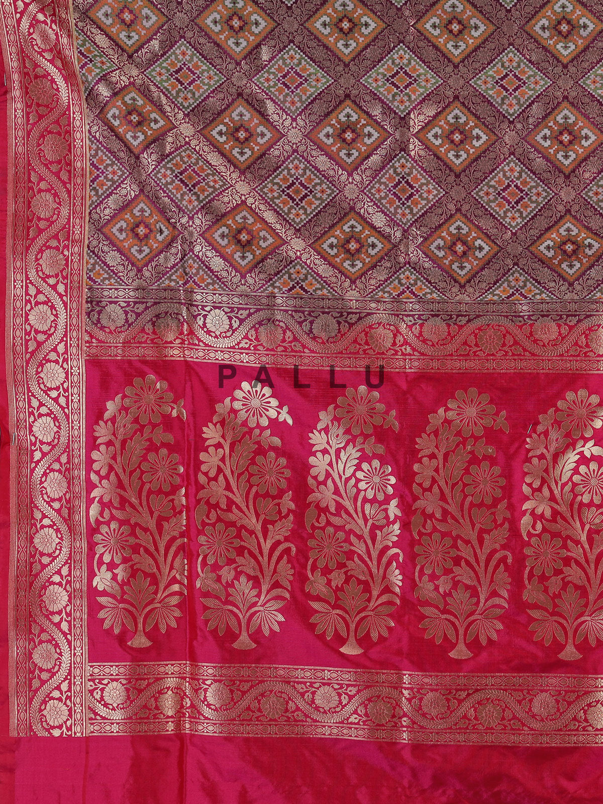 Red banarasi silk saree with geometric zari patterns