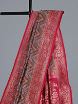 Red banarasi silk saree with geometric zari patterns