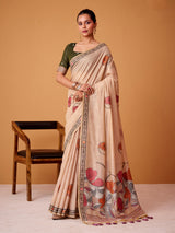 Beige floral jamdani cotton festive saree