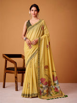 Yellow floral jamdani cotton festive saree