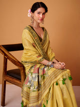 Yellow floral jamdani cotton festive saree