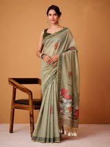 Sage green floral jamdani cotton festive saree