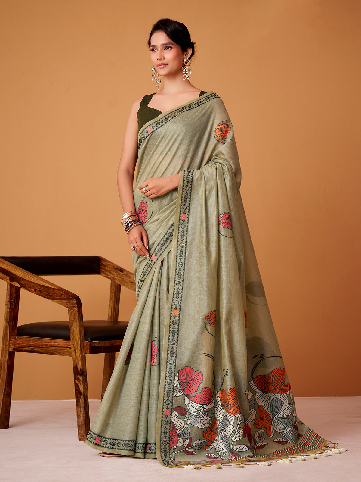 Sage green floral jamdani cotton festive saree