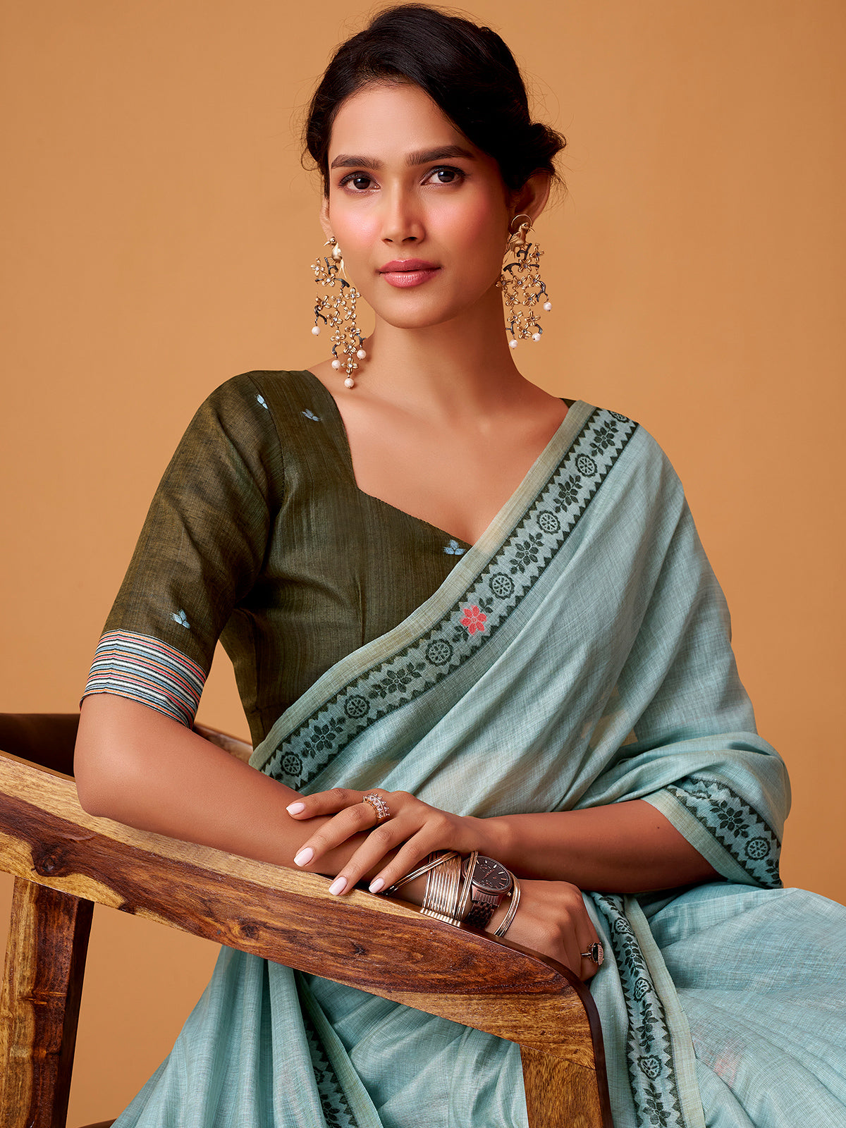 Mint blue floral jamdani cotton festive saree