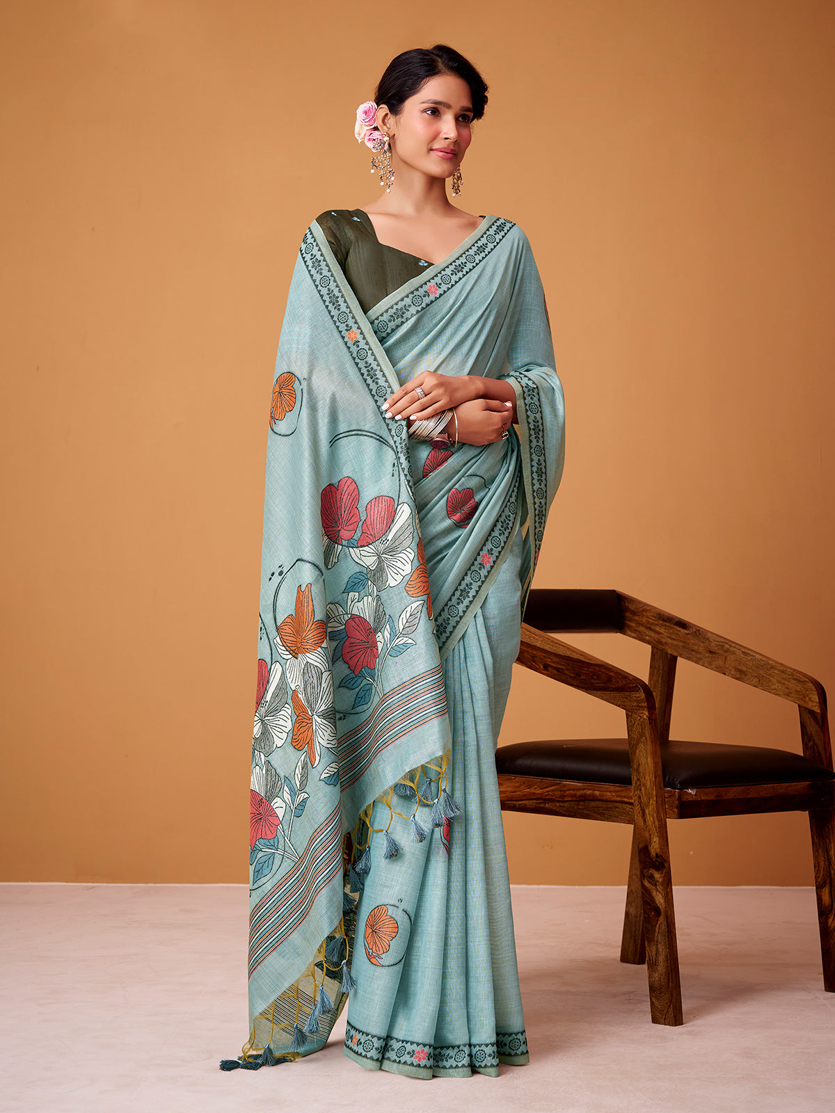Mint blue floral jamdani cotton festive saree
