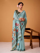 Mint blue floral jamdani cotton festive saree