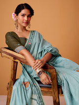 Mint blue floral jamdani cotton festive saree
