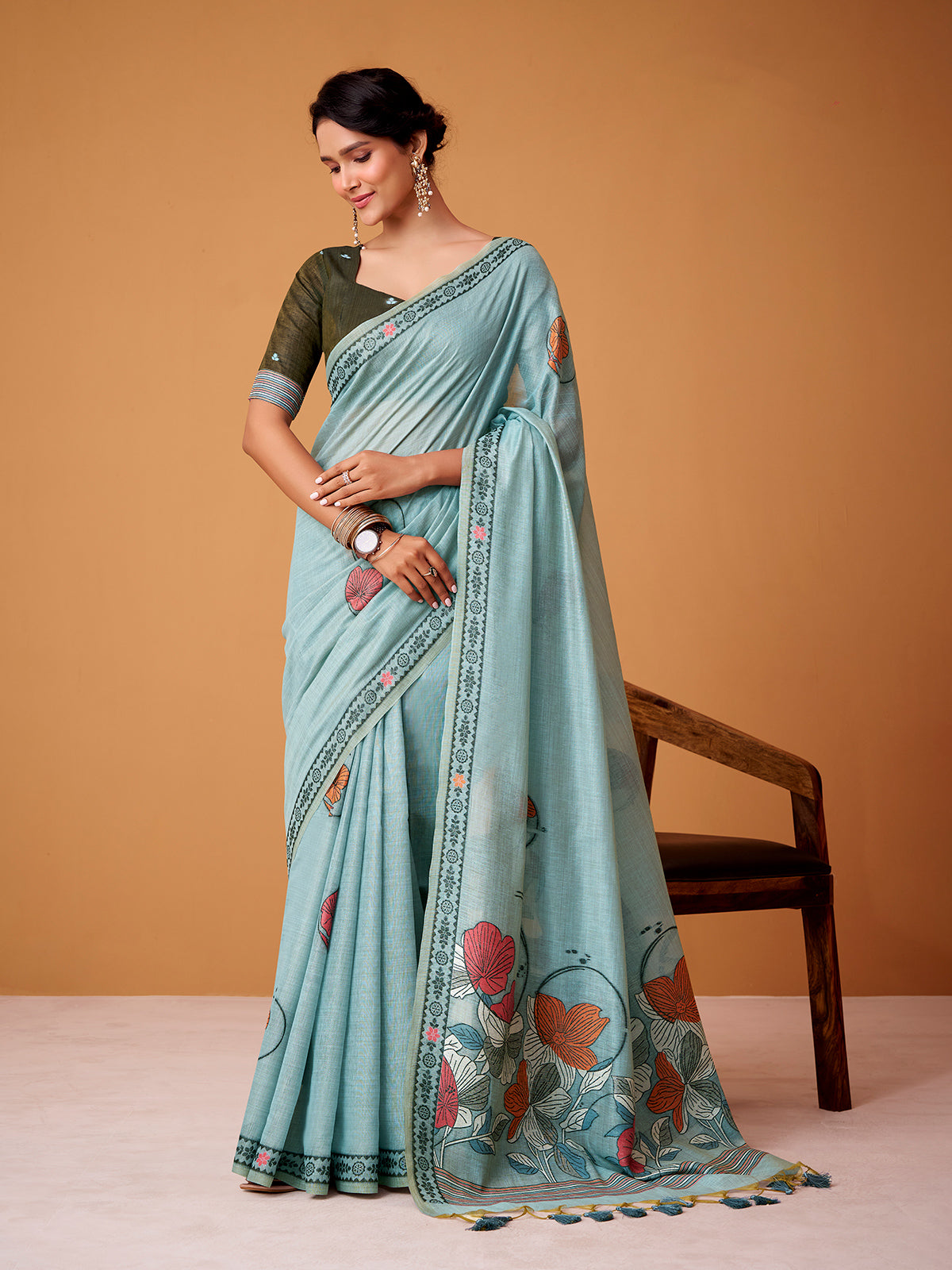 Mint blue floral jamdani cotton festive saree