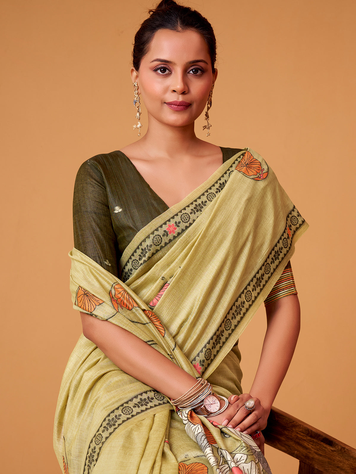 Mehendi yellow floral jamdani cotton festive saree