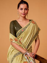 Mehendi yellow floral jamdani cotton festive saree