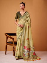 Mehendi yellow floral jamdani cotton festive saree