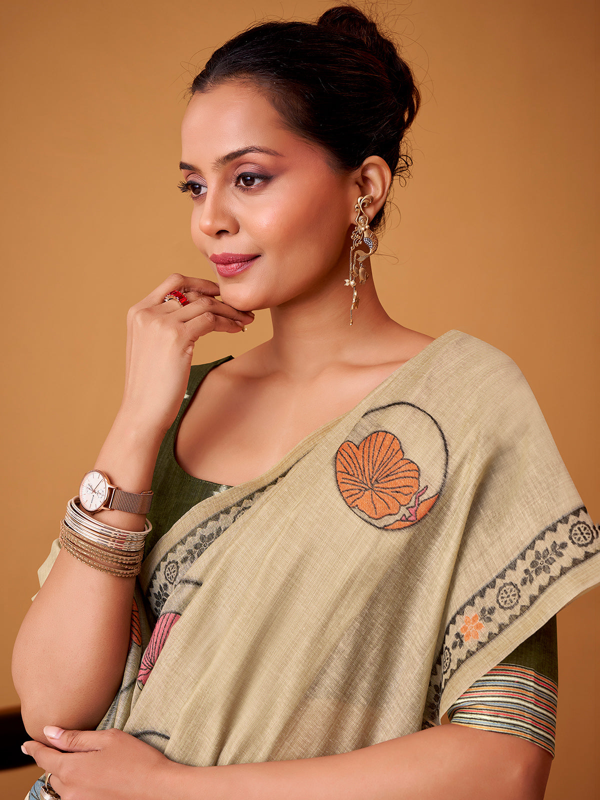 Light beige floral jamdani cotton festive saree