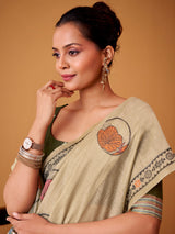 Light beige floral jamdani cotton festive saree