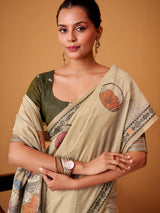 Light beige floral jamdani cotton festive saree