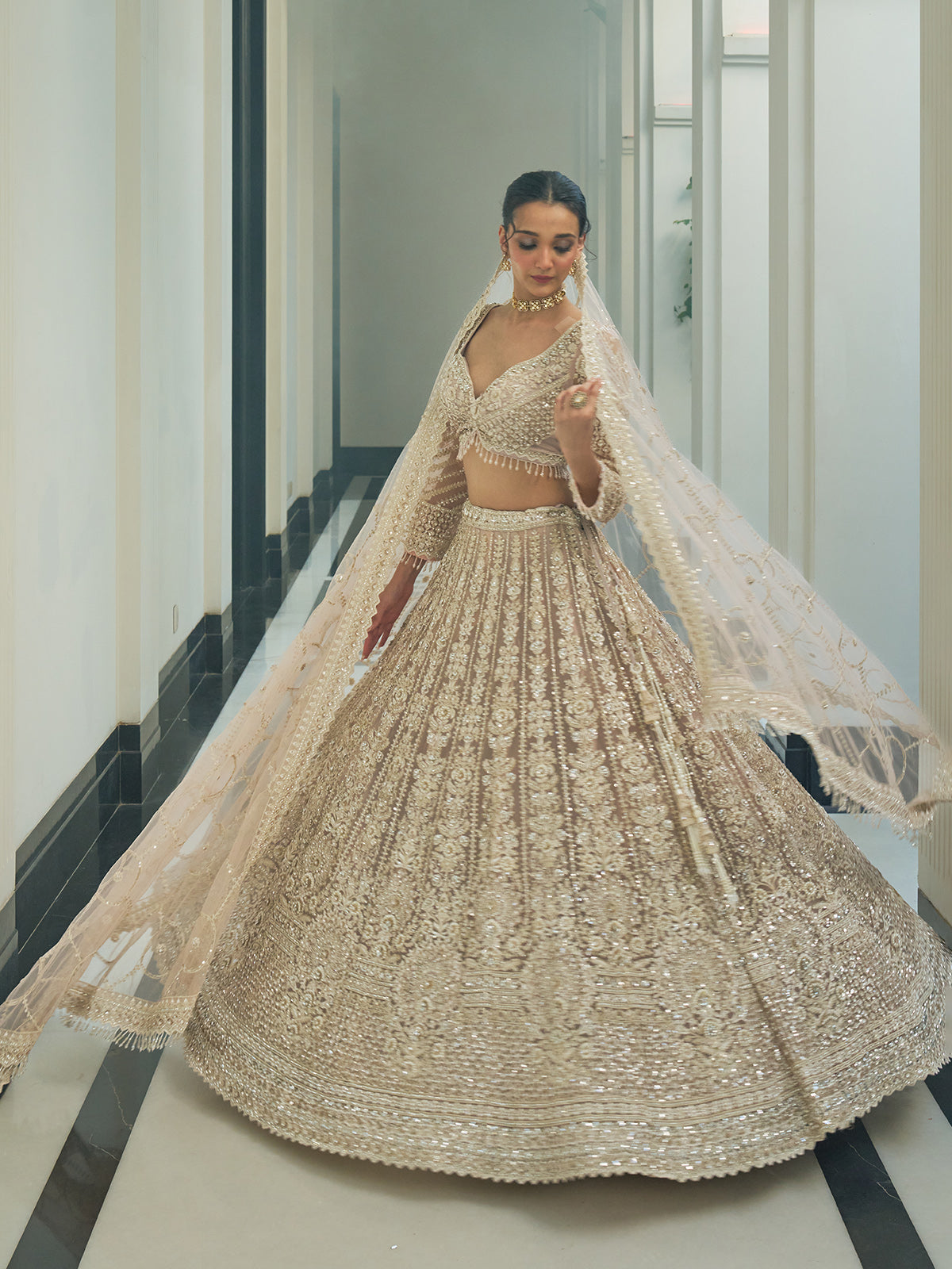 Beige net embroidered bridal lehenga choli for engangement