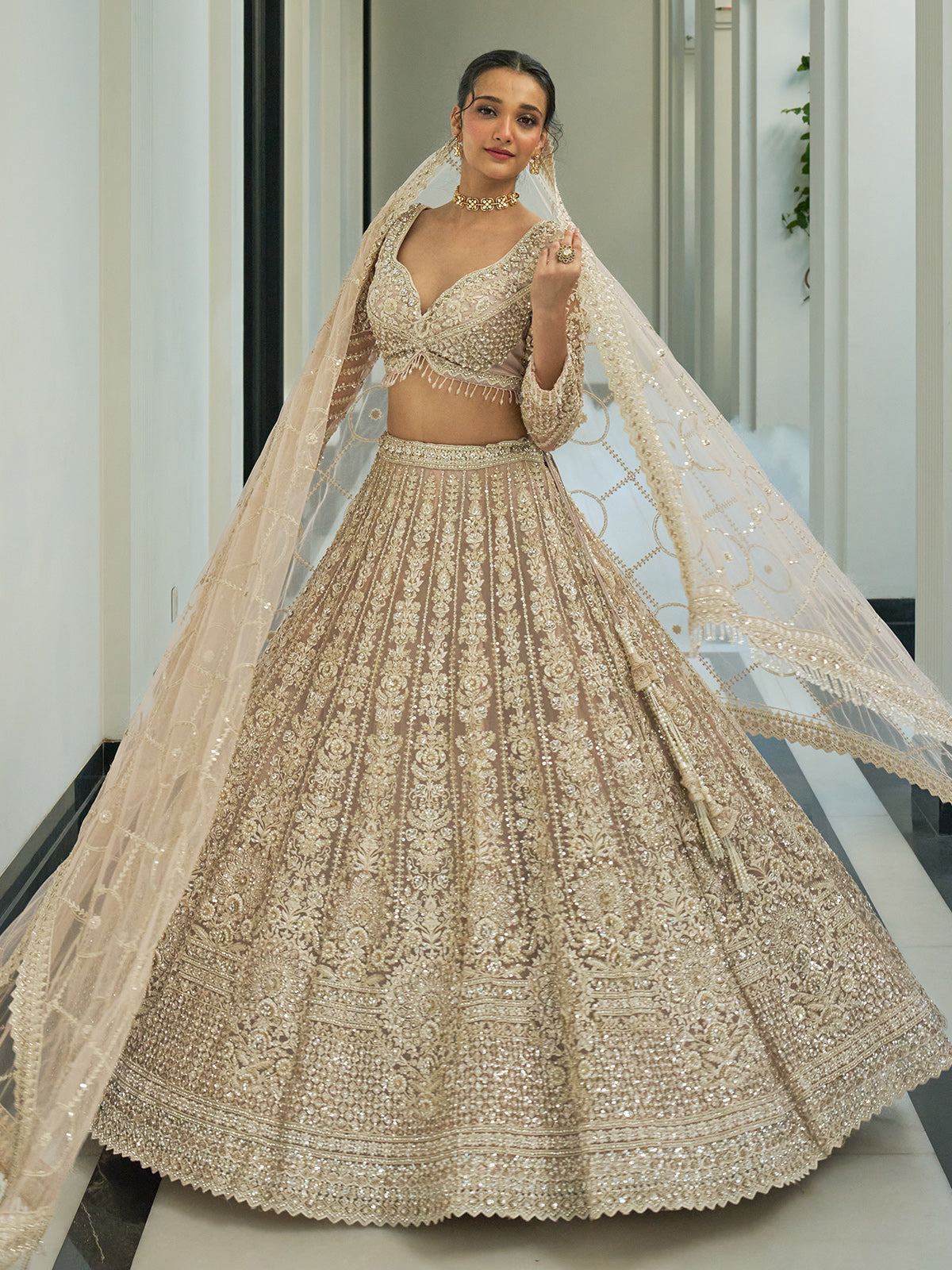 Beige net embroidered bridal lehenga choli for engangement